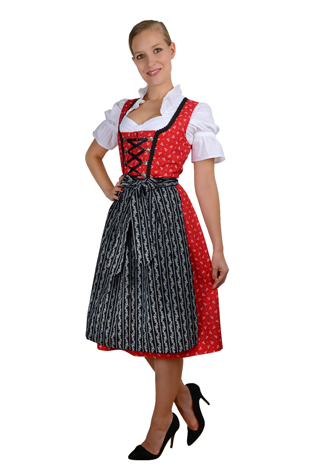 Midi Dirndl rot schwarz mit weißen Streublümchen