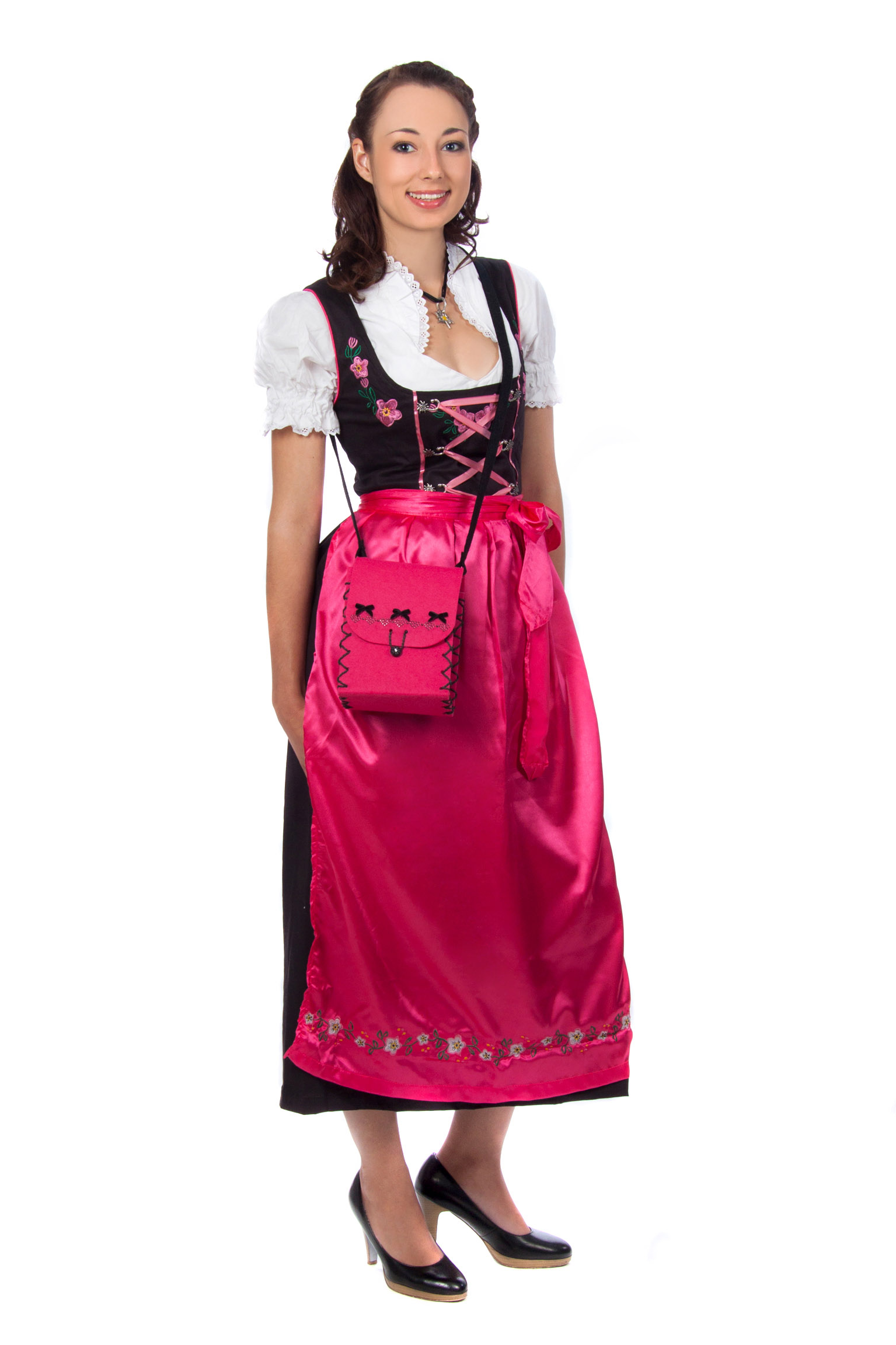 Langes Dirndl 3-teilig Trachtenkleid schwarz pink