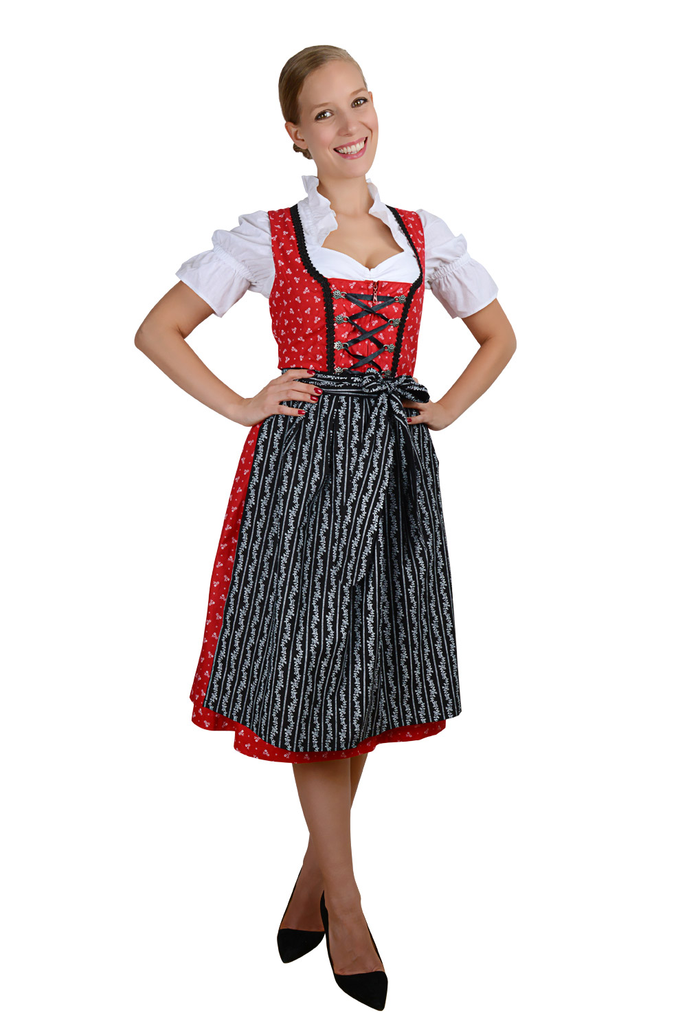 Midi Dirndl rot schwarz mit weißen Streublümchen