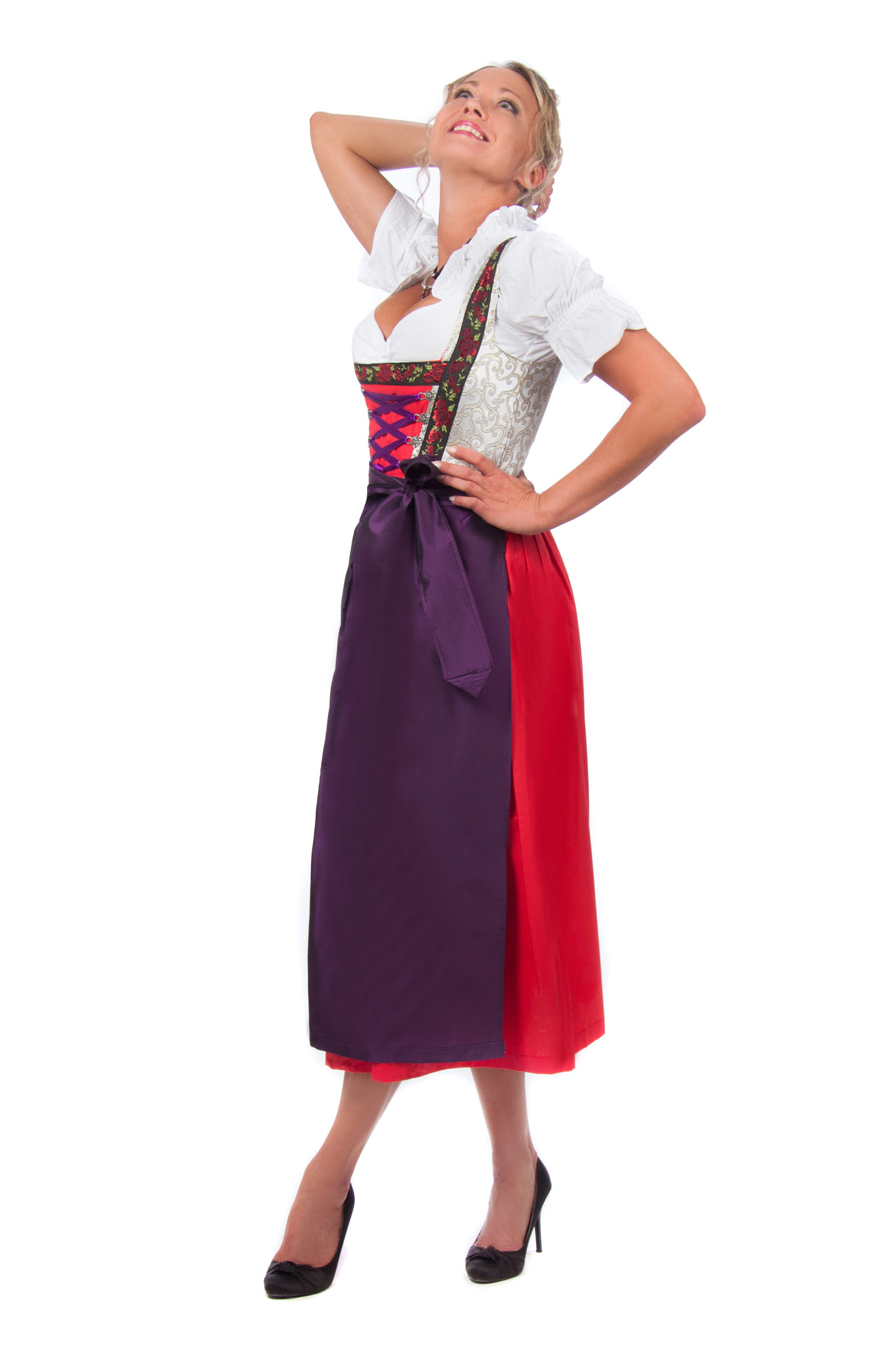 Langes Dirndl Trachtenkleid rot gold Rosen