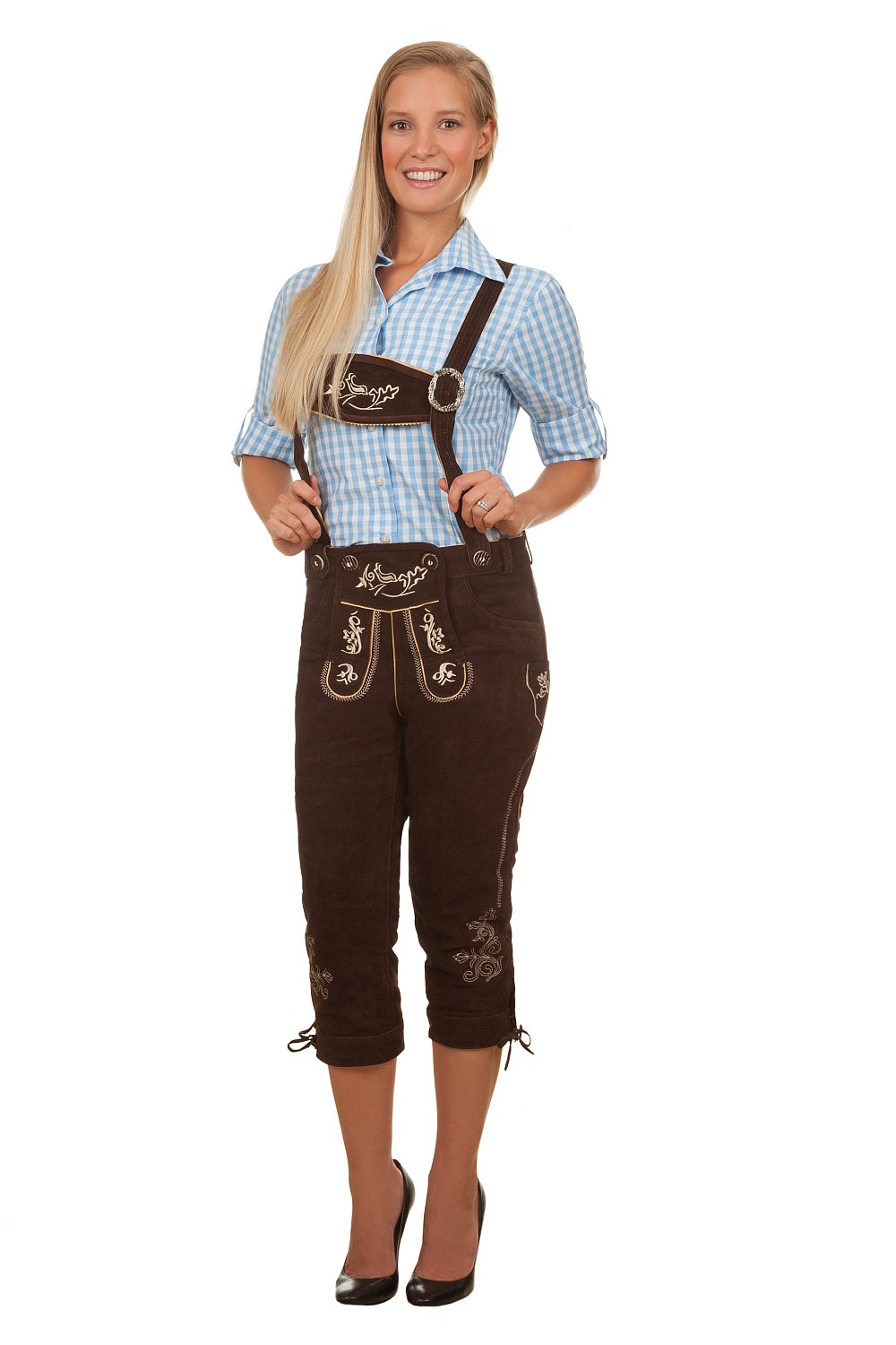 Damen Trachtenlederhose Kniebundhose dunkelbraun