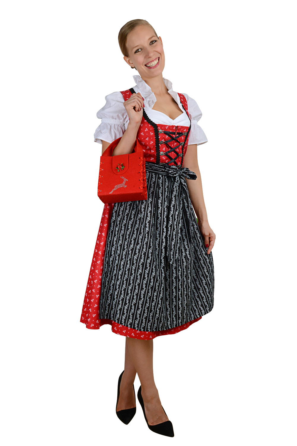 Midi Dirndl rot schwarz mit weißen Streublümchen