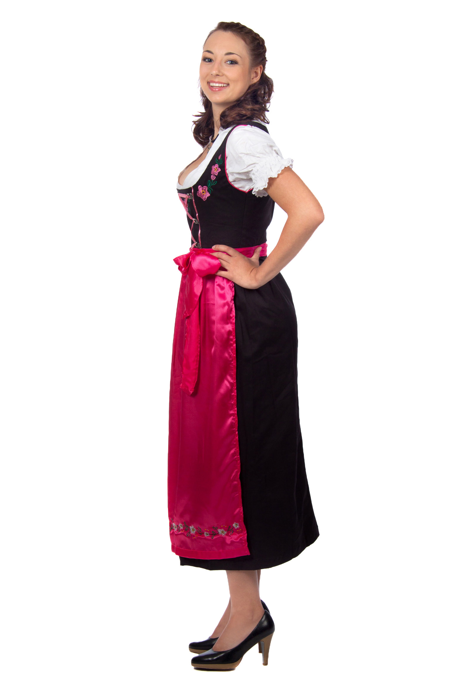 Langes Dirndl 3-teilig Trachtenkleid schwarz pink