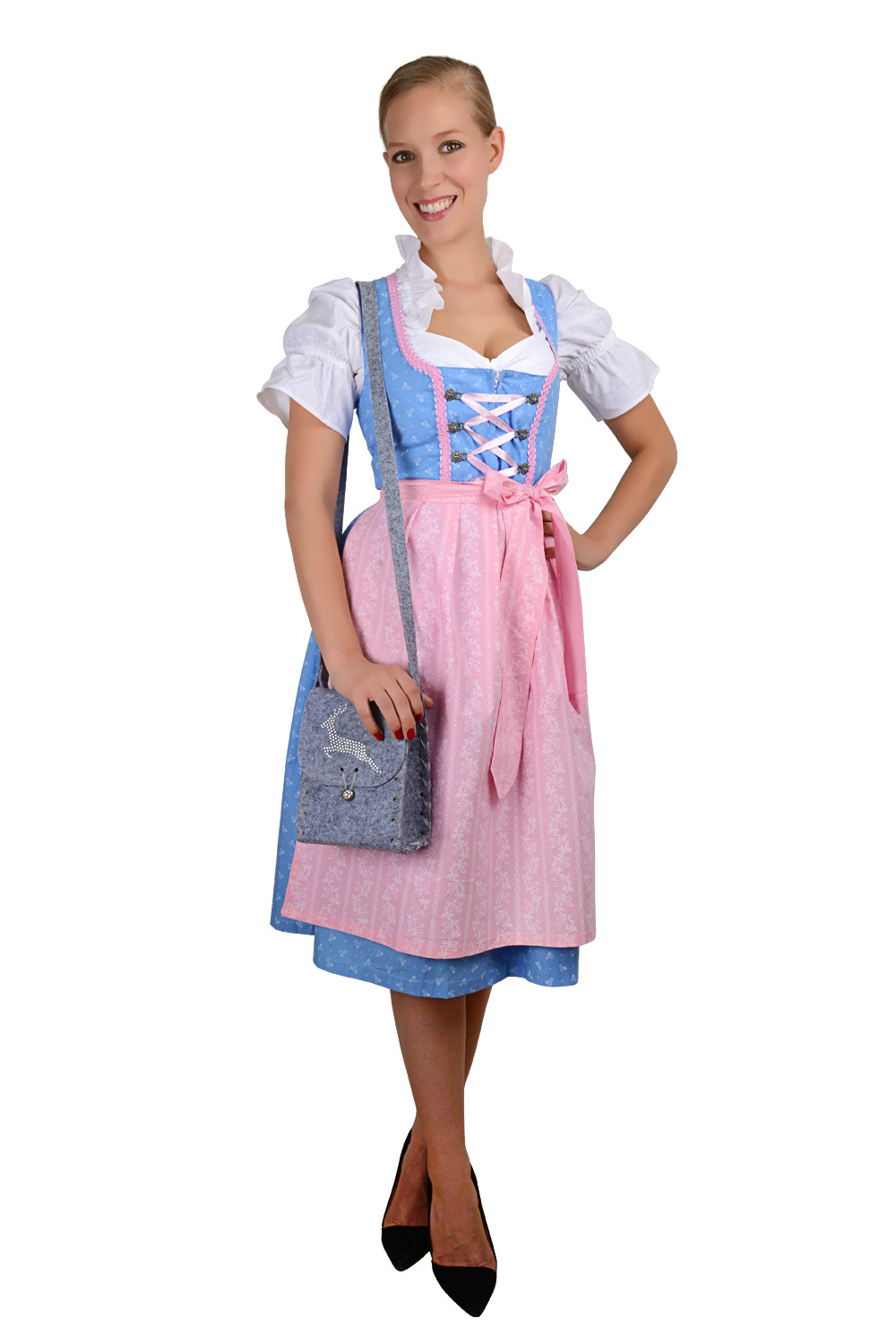 Midi Dirndl hellblau rosa mit weißen Streublümchen