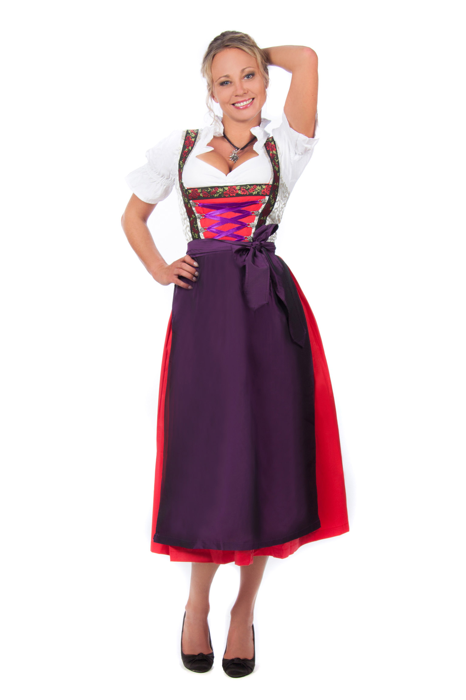 Langes Dirndl Trachtenkleid rot gold Rosen