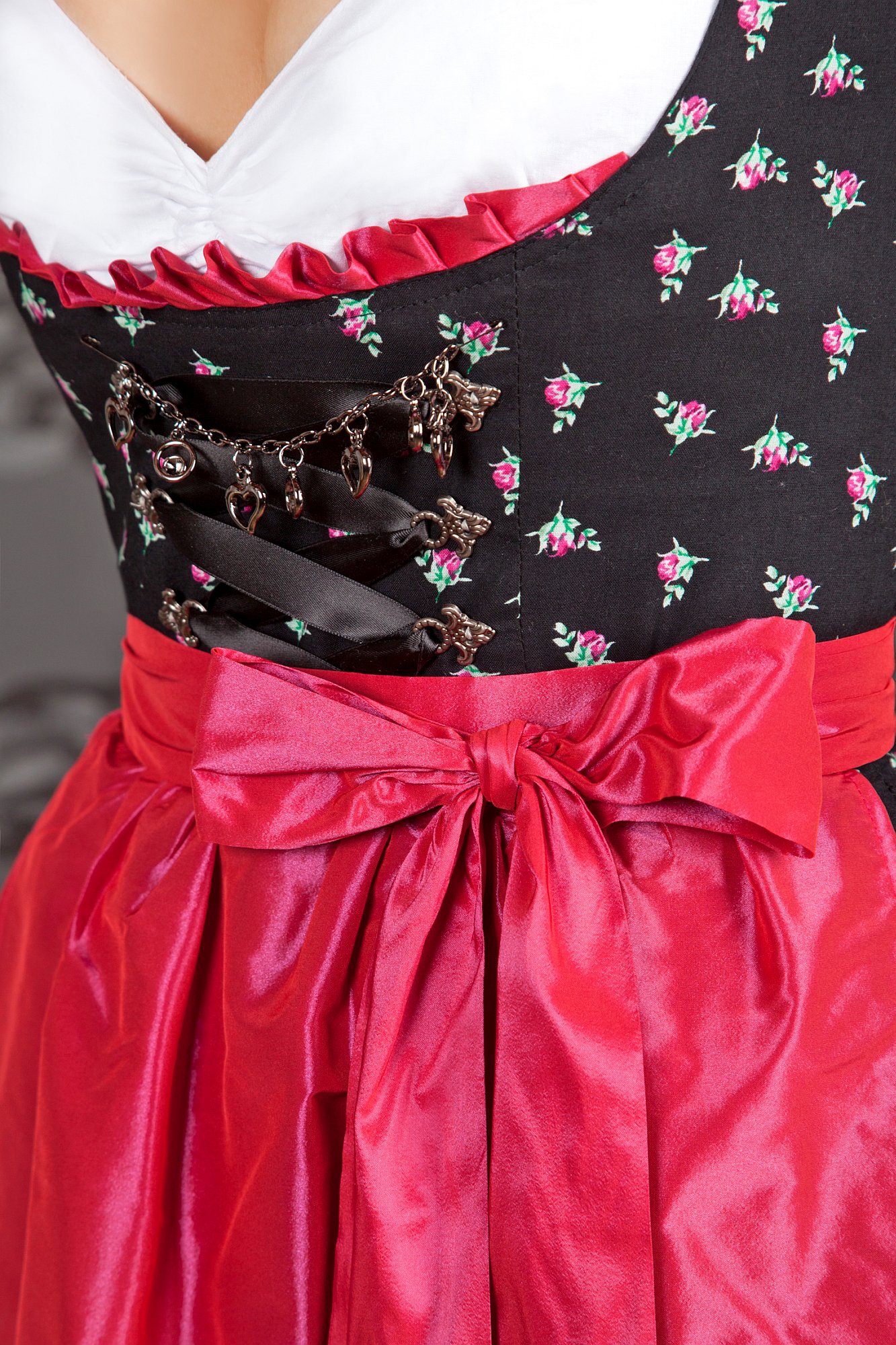 Midi Dirndl Made in Germany schwarz Blumen pink