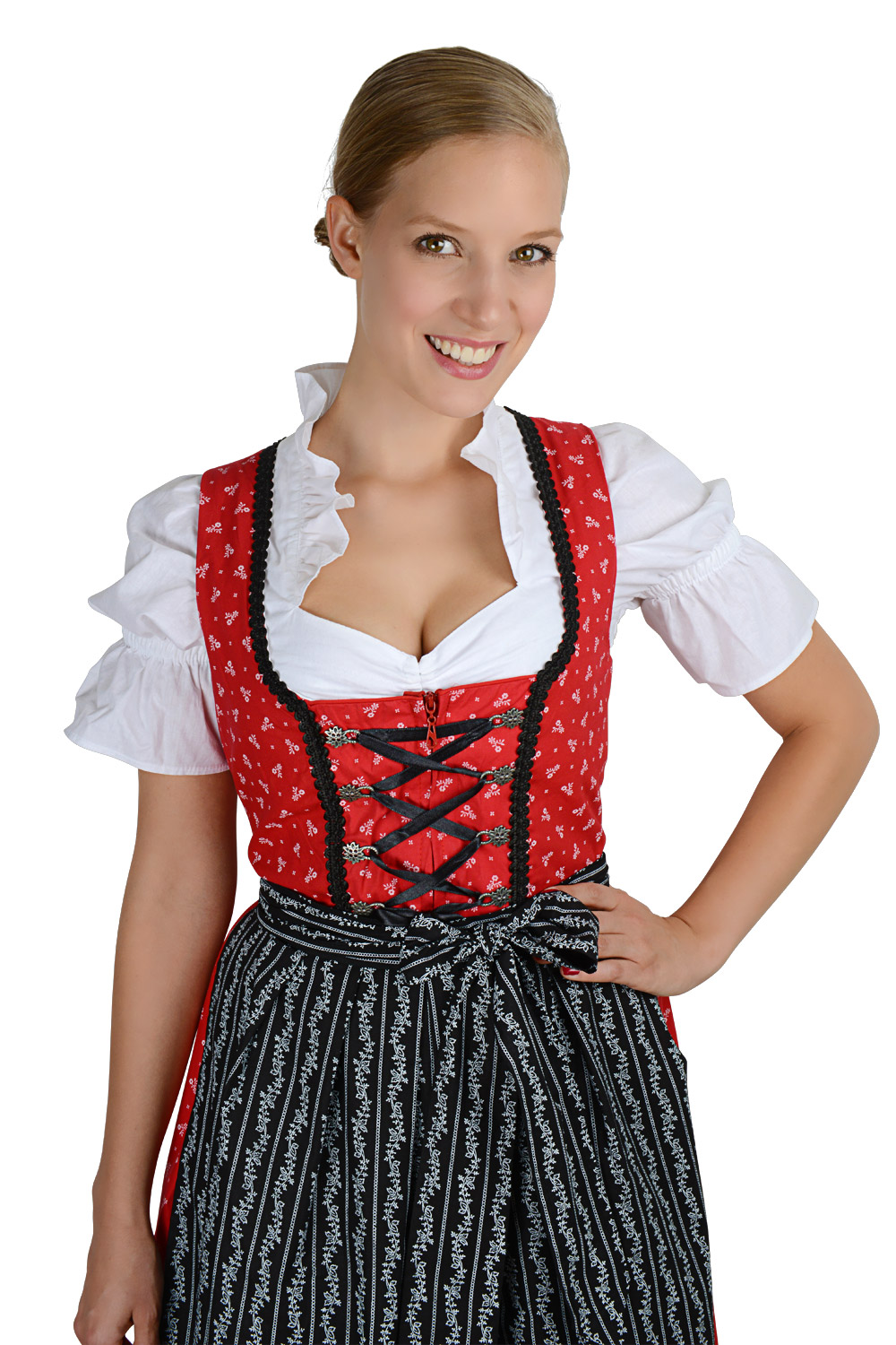 Midi Dirndl rot schwarz mit weißen Streublümchen