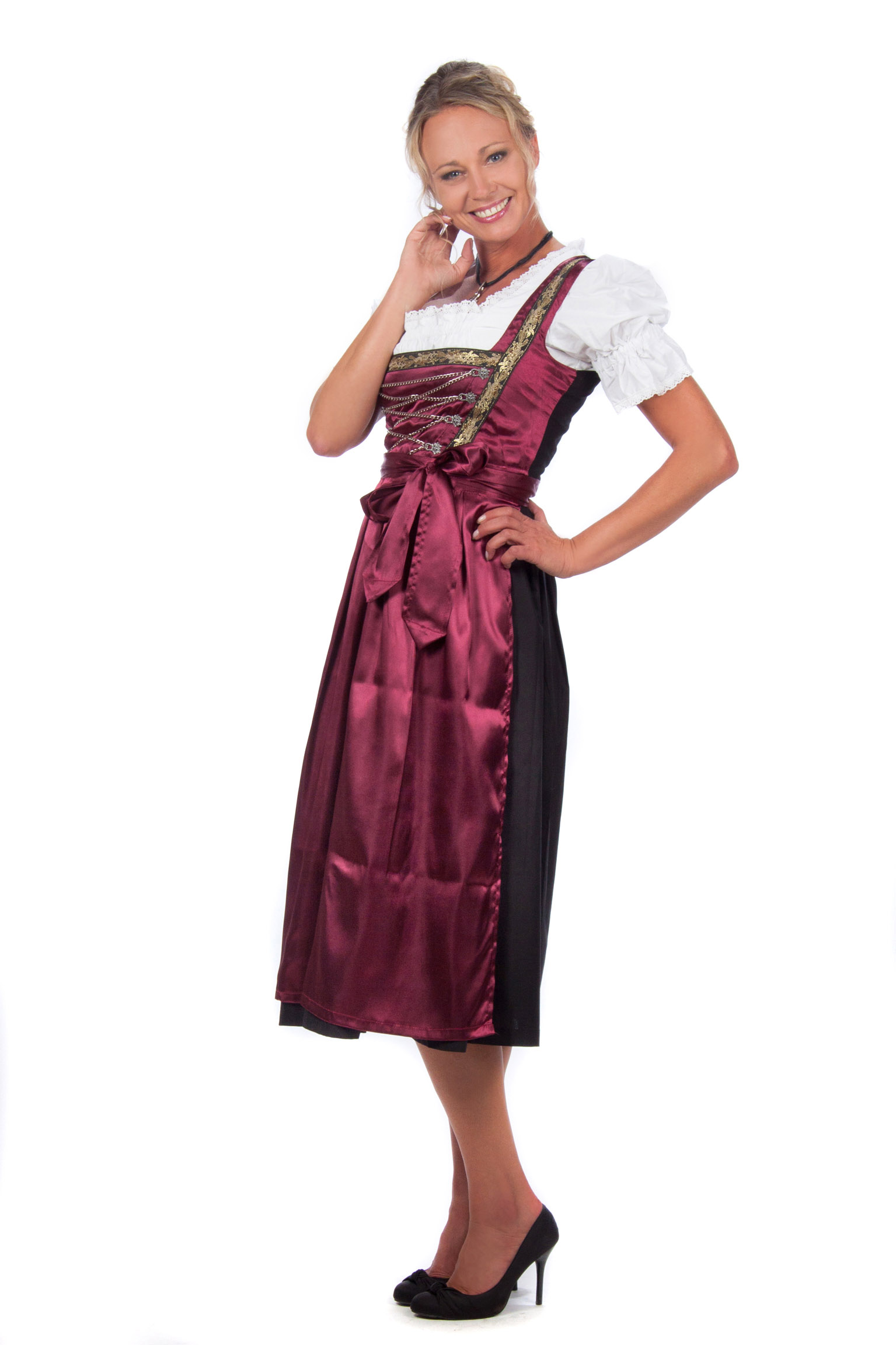 Edles Midi Dirndl rot schwarz