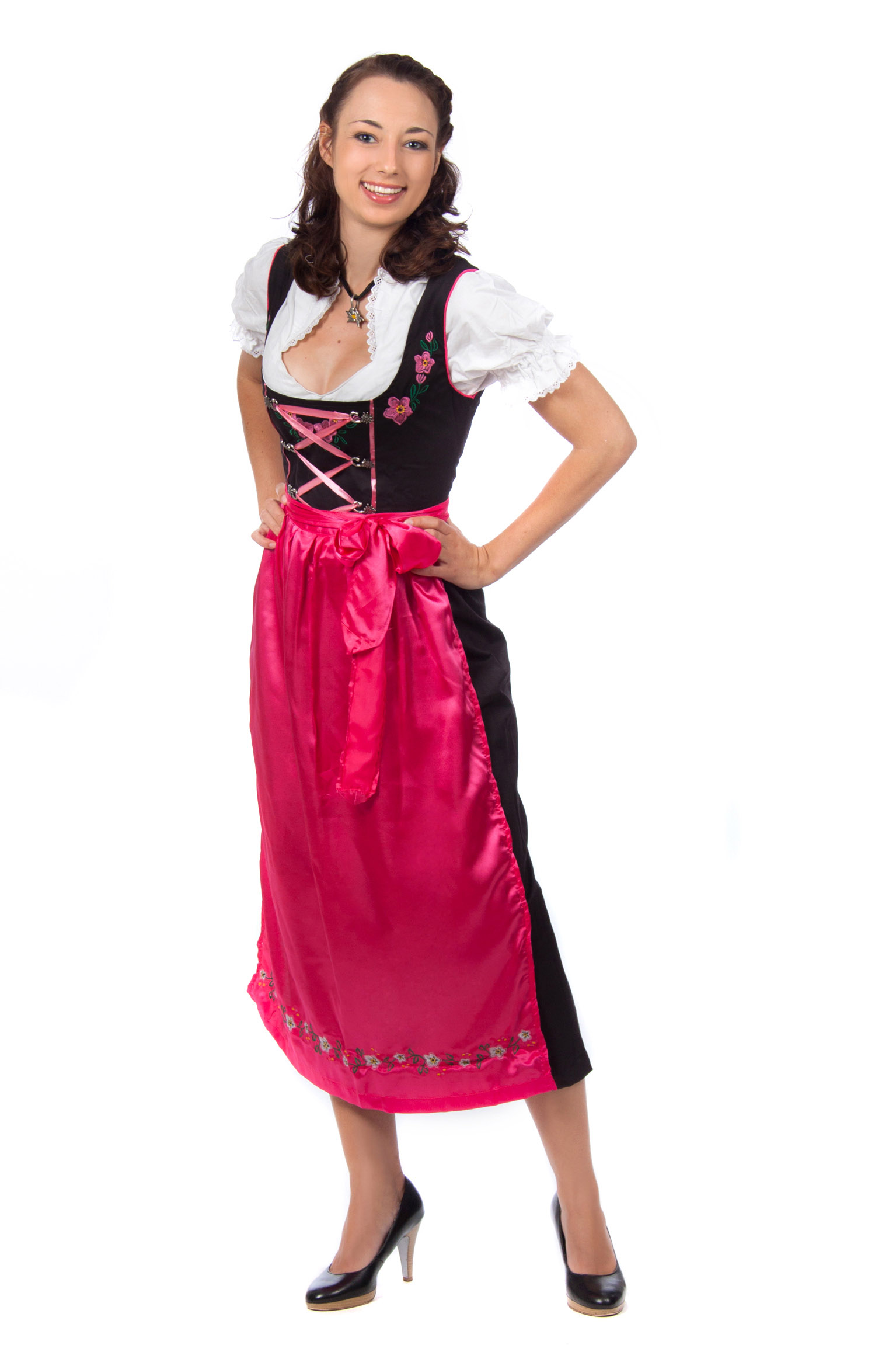 Langes Dirndl 3-teilig Trachtenkleid schwarz pink