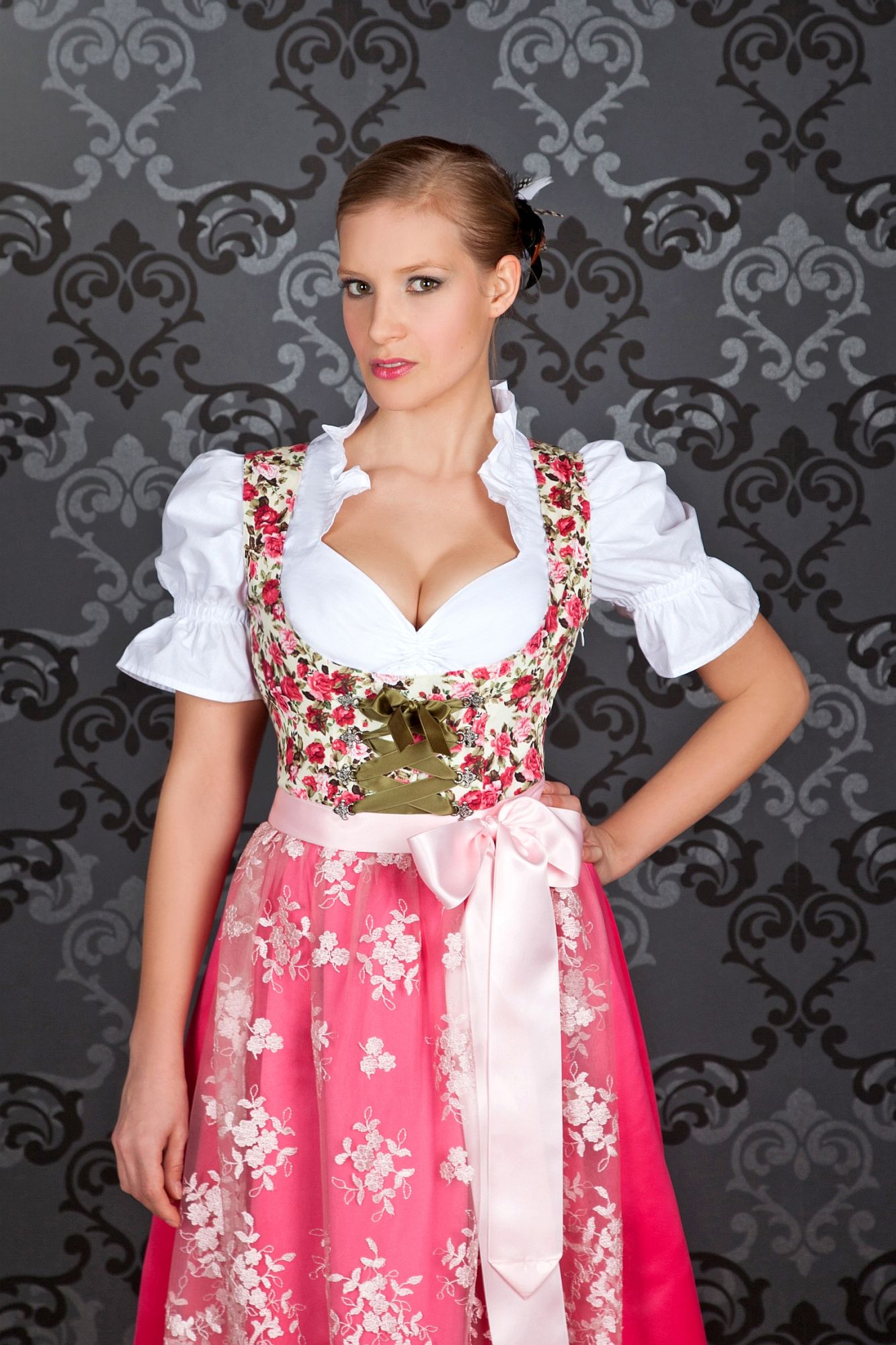 Midi Dirndl Made in Germany pink Blumen