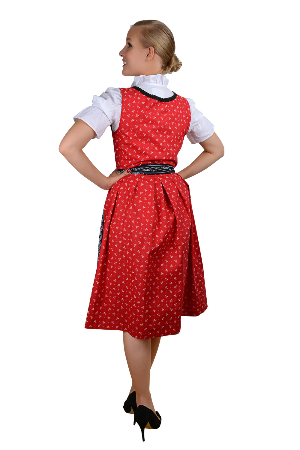 Midi Dirndl rot schwarz mit weißen Streublümchen