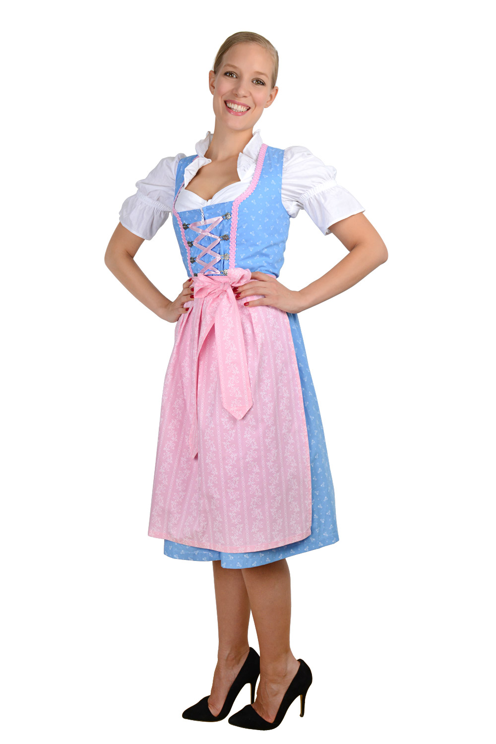 Midi Dirndl hellblau rosa mit weißen Streublümchen