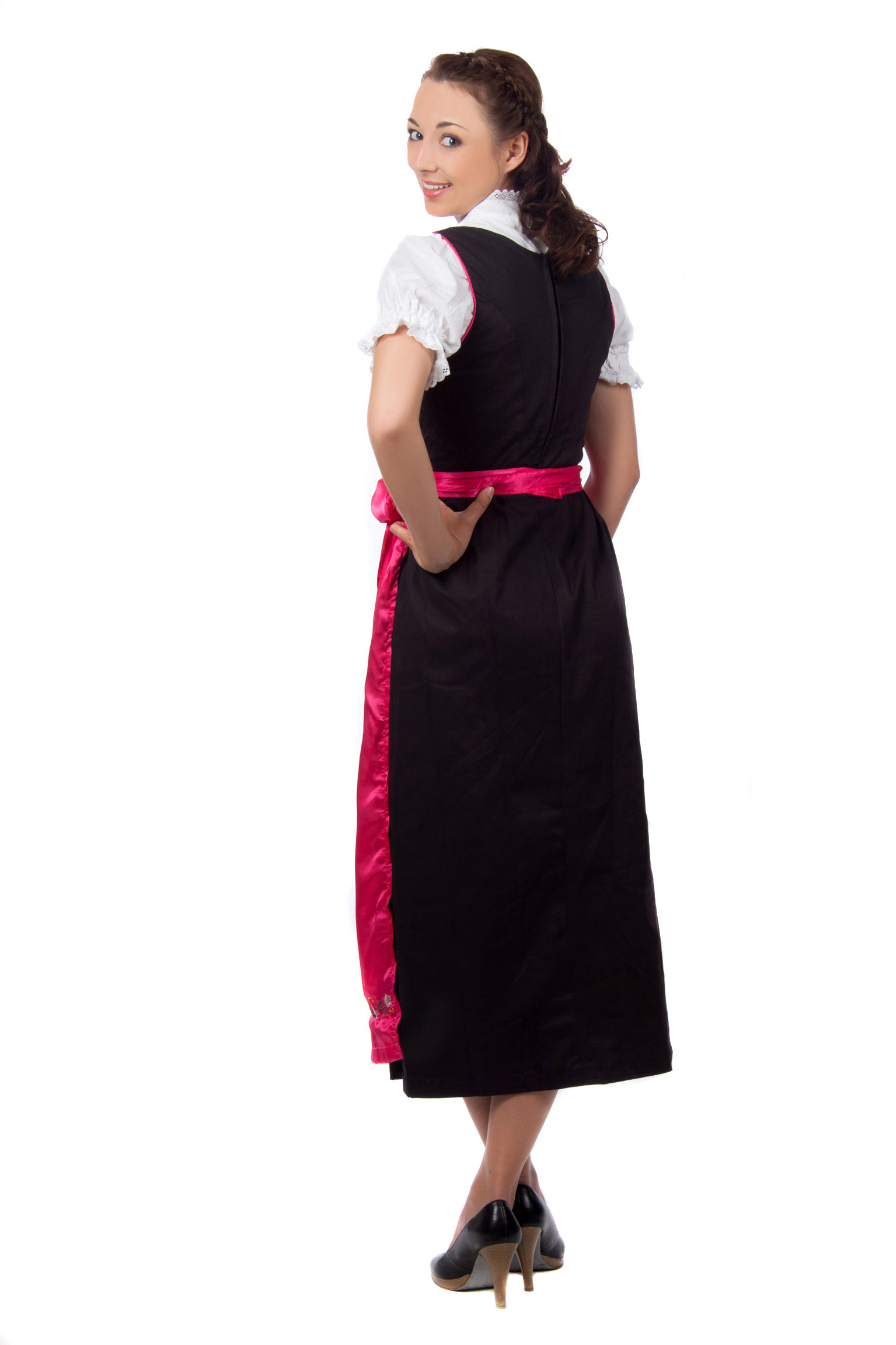 Langes Dirndl 3-teilig Trachtenkleid schwarz pink