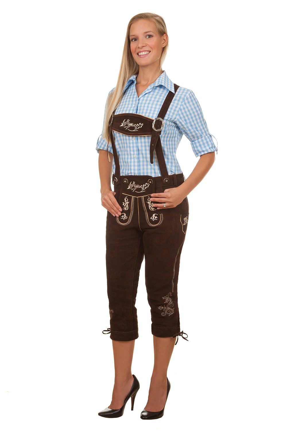 Damen Trachtenlederhose Kniebundhose dunkelbraun