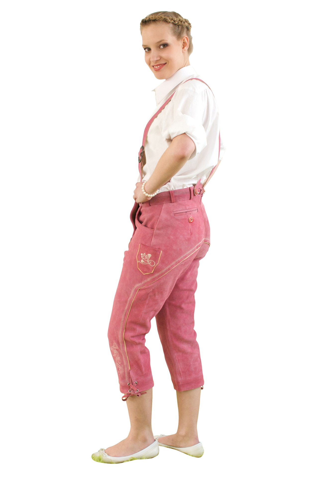 Damen Trachtenlederhose Kniebundhose pink 