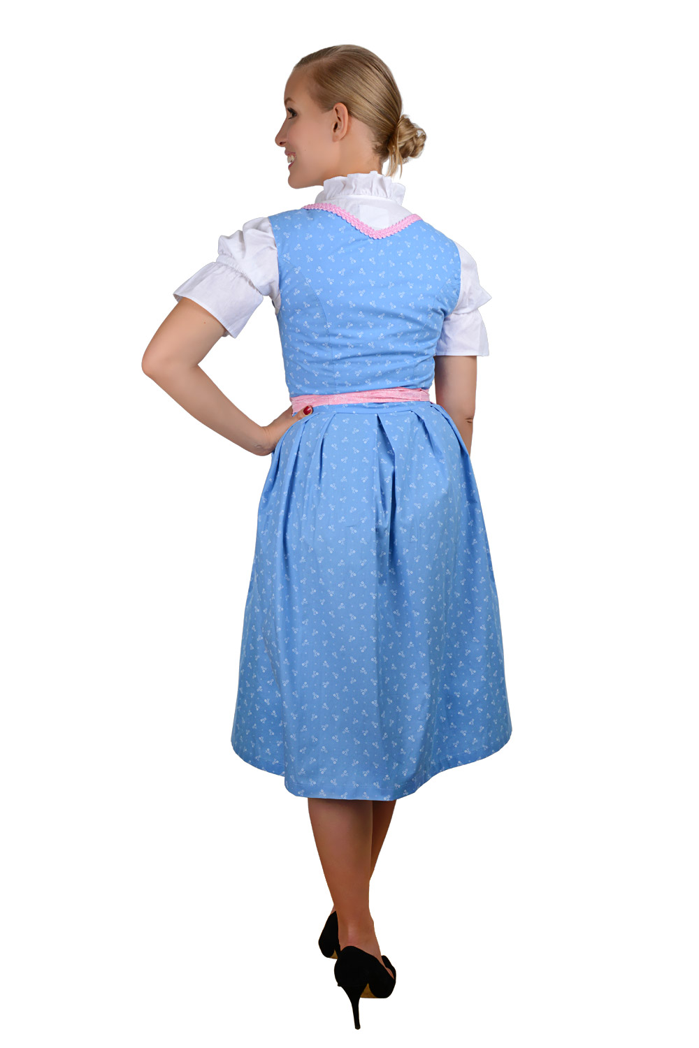 Midi Dirndl hellblau rosa mit weißen Streublümchen