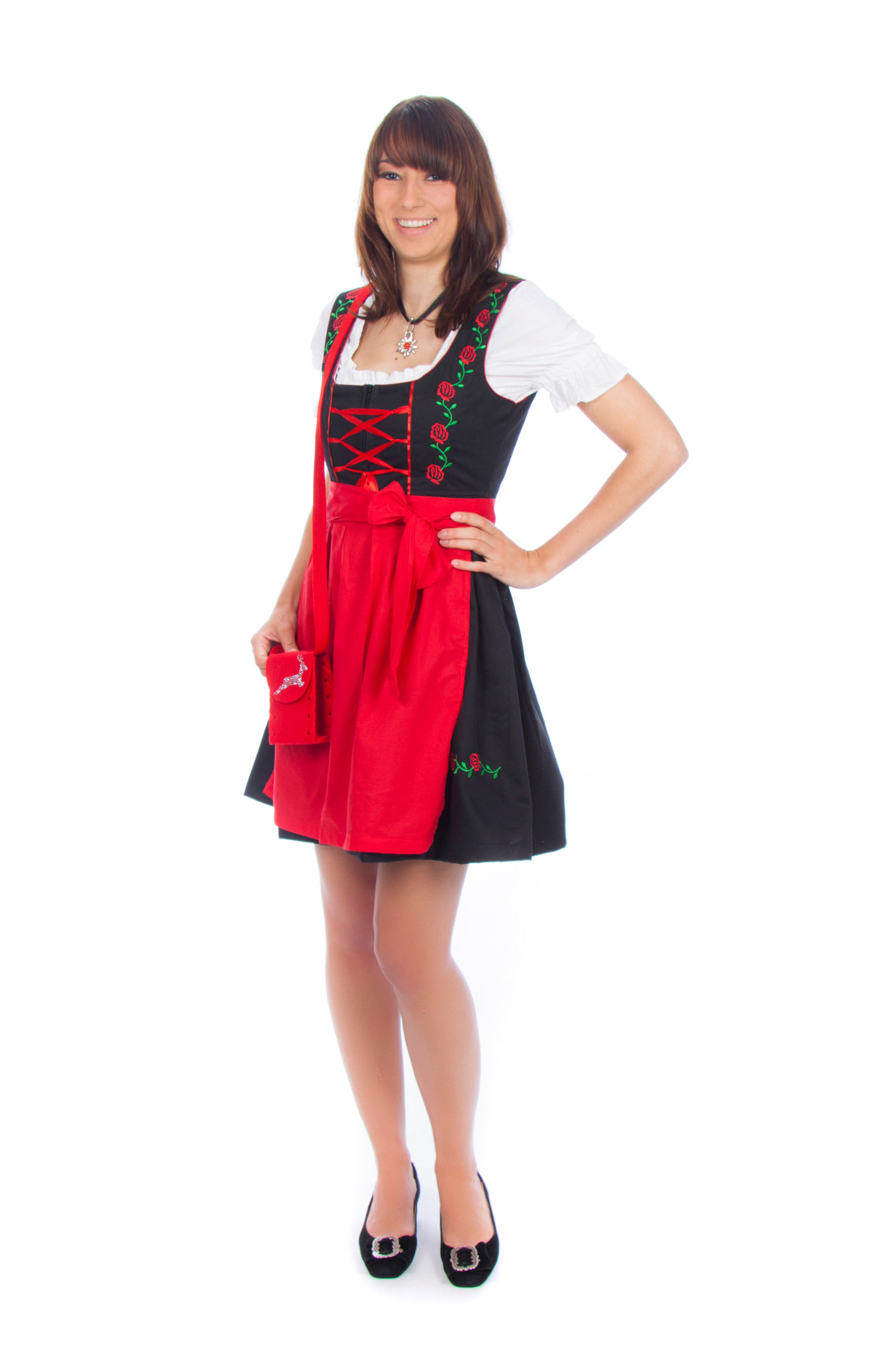 Mini Dirndl 3-teilig schwarz rot Rosen 