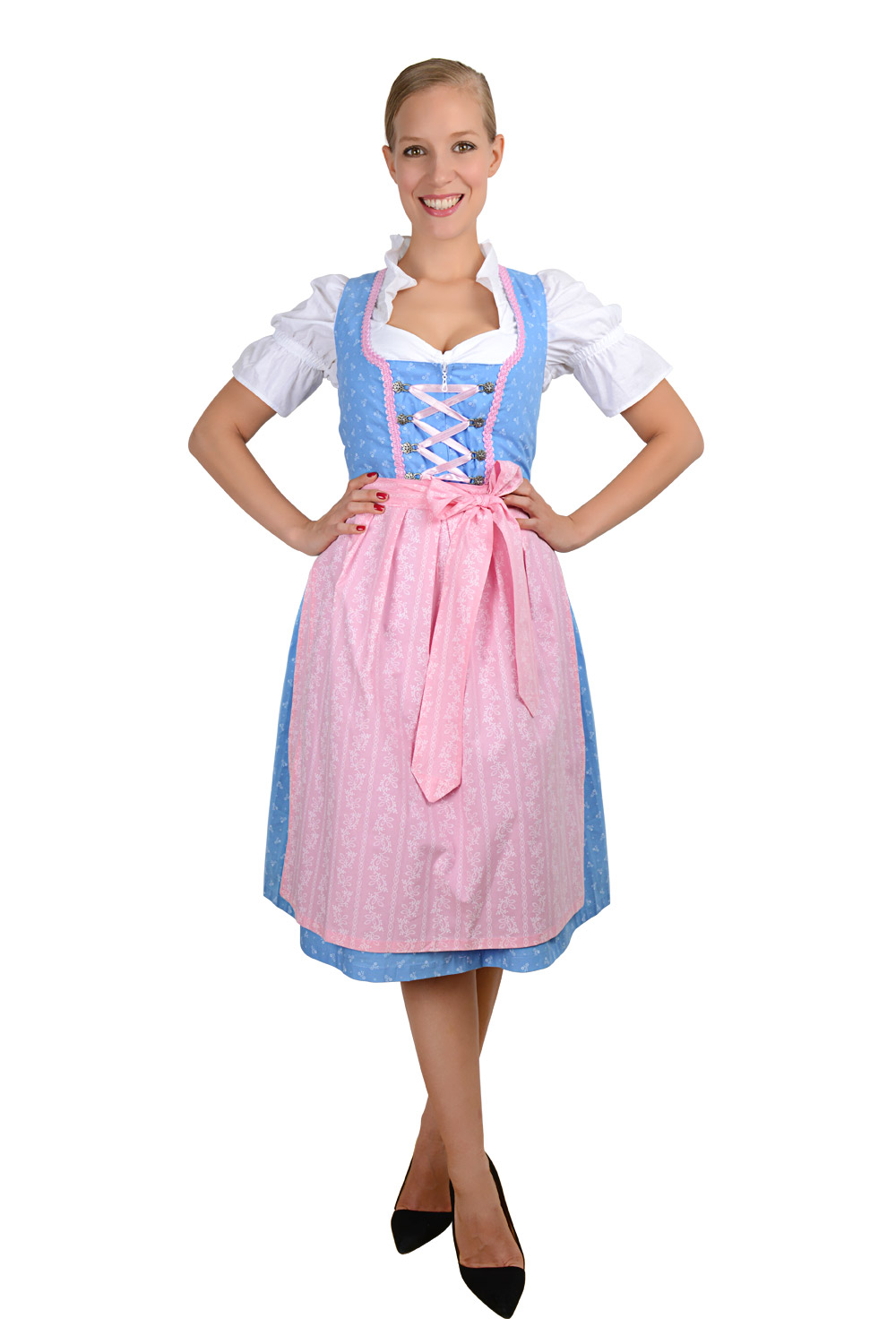 Midi Dirndl hellblau rosa mit weißen Streublümchen