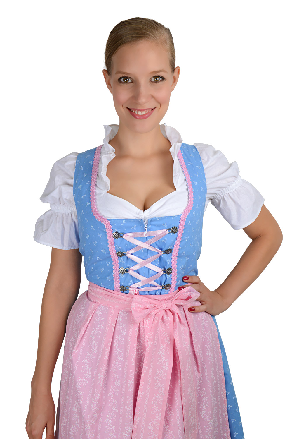 Midi Dirndl hellblau rosa mit weißen Streublümchen