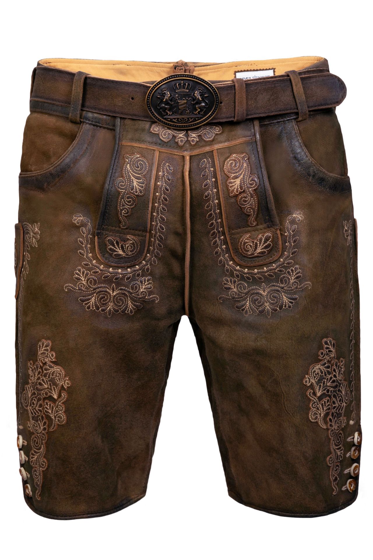 Kurze Herren Trachten Lederhose Mit Gürtel, Olive Meliert