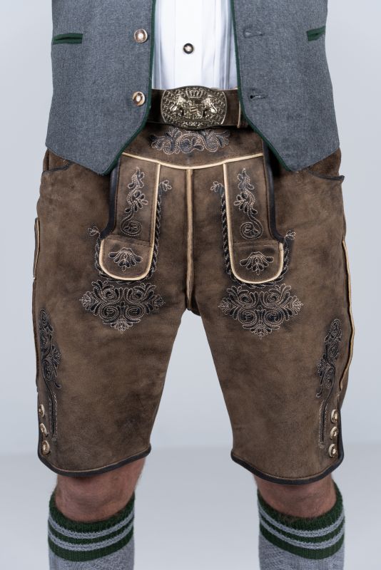 Schöneberger Trachten Couture Leren kniebroek voor heren, met bretels, Beierse klederdrachtbroek voor het Oktoberfest van nubuckleer Wallis, bruin, 56